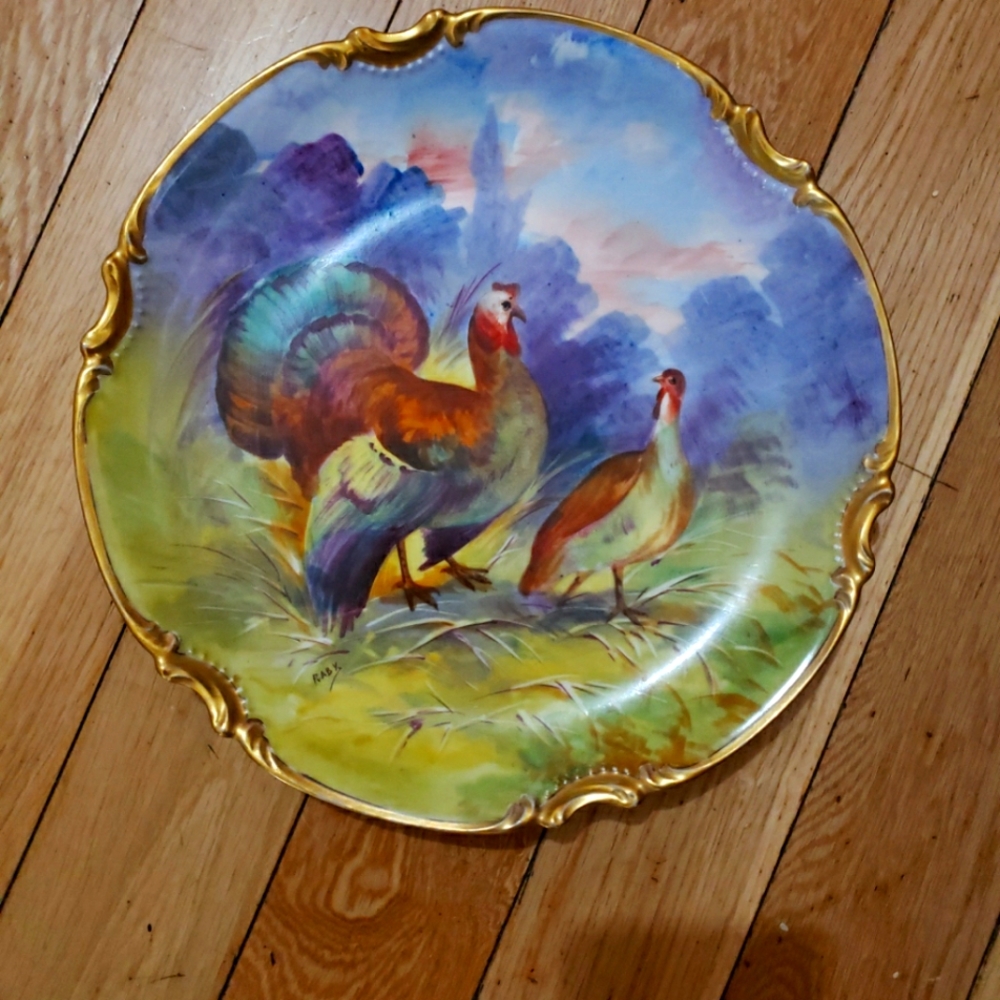 Antique limoges coronet plate pheasants turkey 10.5" gold trim hand paint